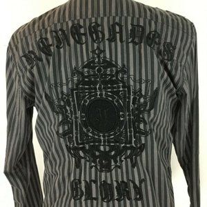 Roar Black Gray Long Sleeve Button Shirt Striped Embroidered  Mens Medium